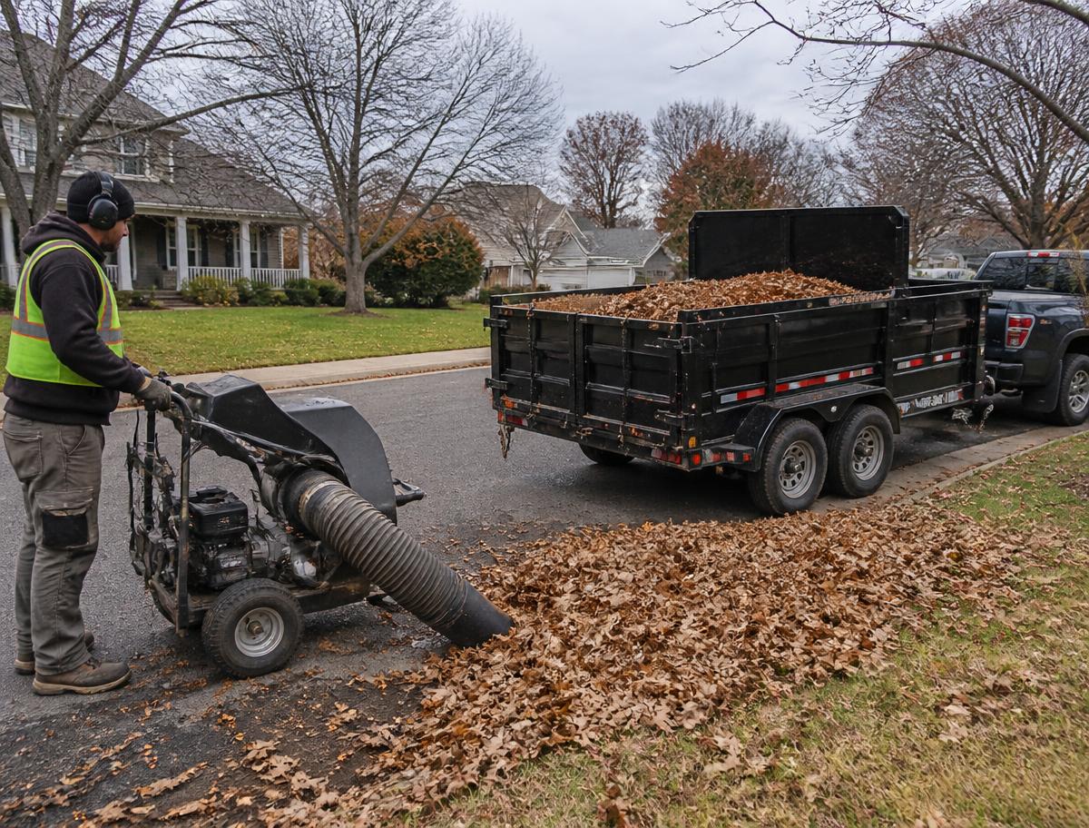 Crew member vacuuming a curbside pile of maple leaves with a debris loader into a dump trailer during a fall cleanup