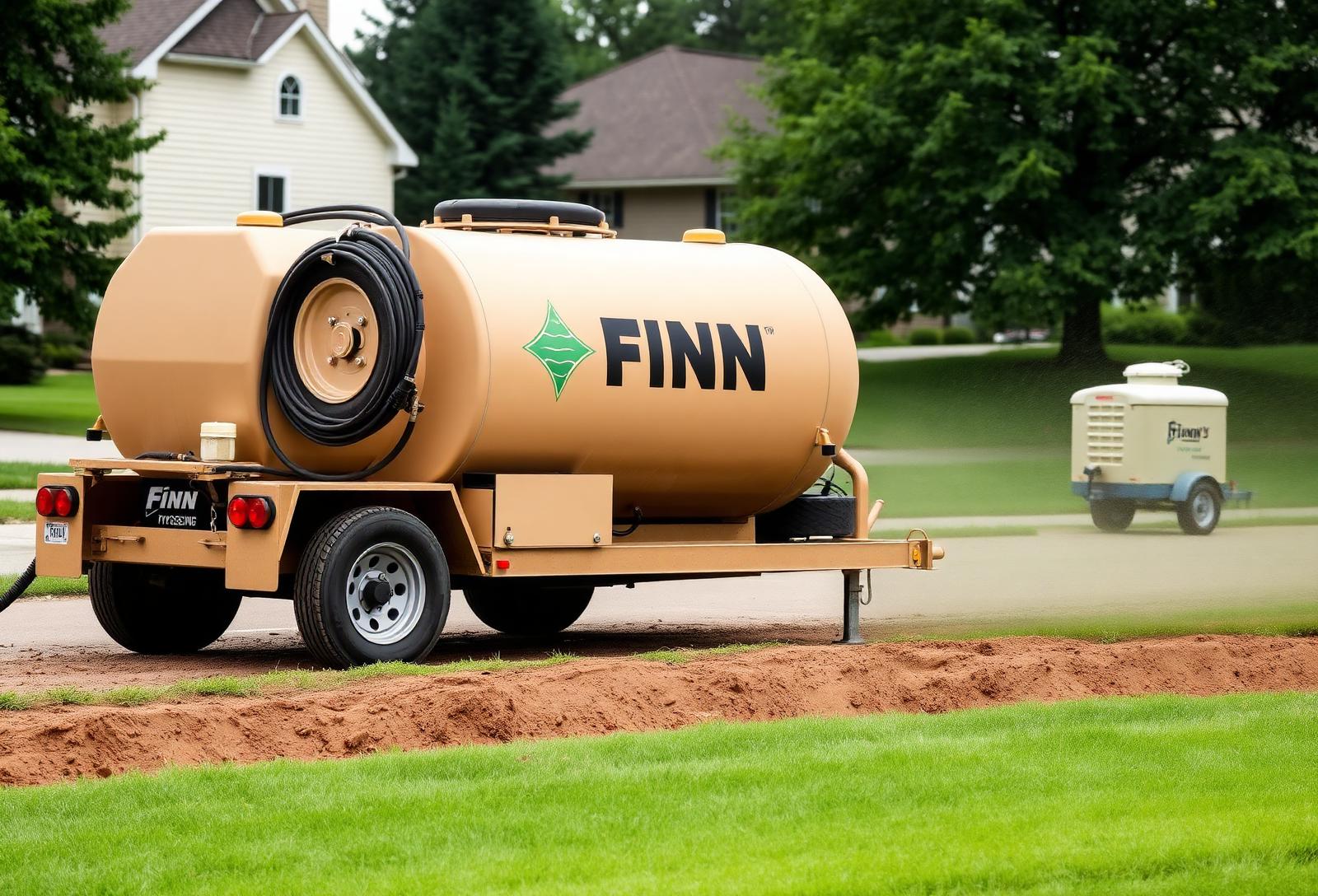 Tan Finn hydroseeding trailer applying hydroseed to a prepared residential lawn