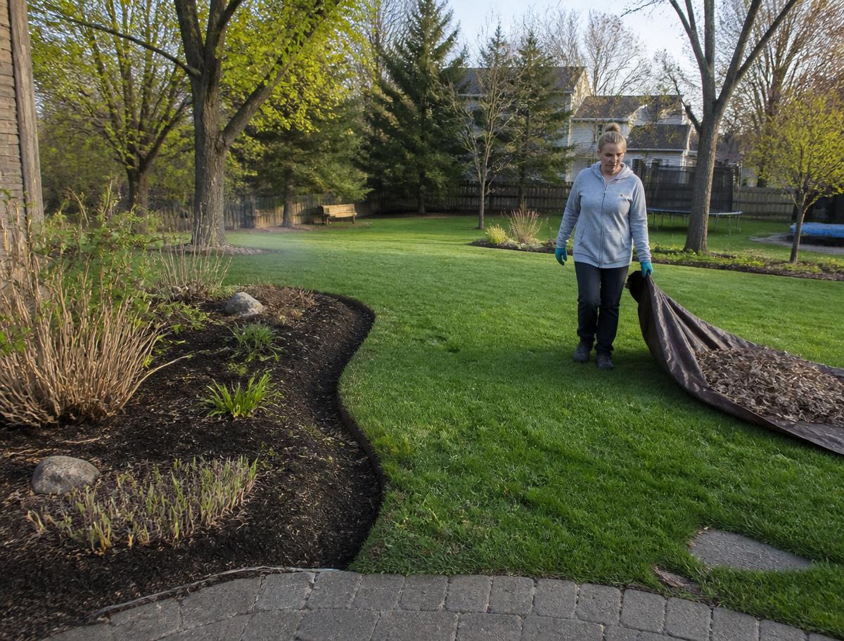 Freshly raked spring lawn with a newly edged mulch bed and cut-back perennials during a spring cleanup